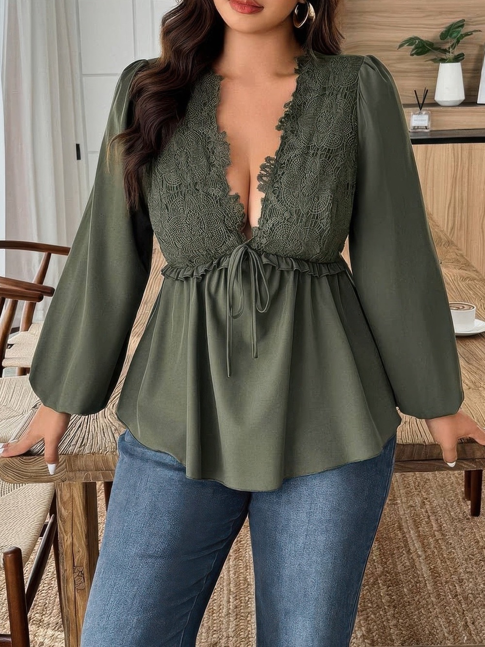 Solid V Neck Lace Patchwork Shirt